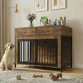 Waleaf 44 Inch double Dog Crate Furniture with 2 Storage Drawers,Wooden Dog Kennel for Inside,tables with dog crate for Large Medium Small Dogs