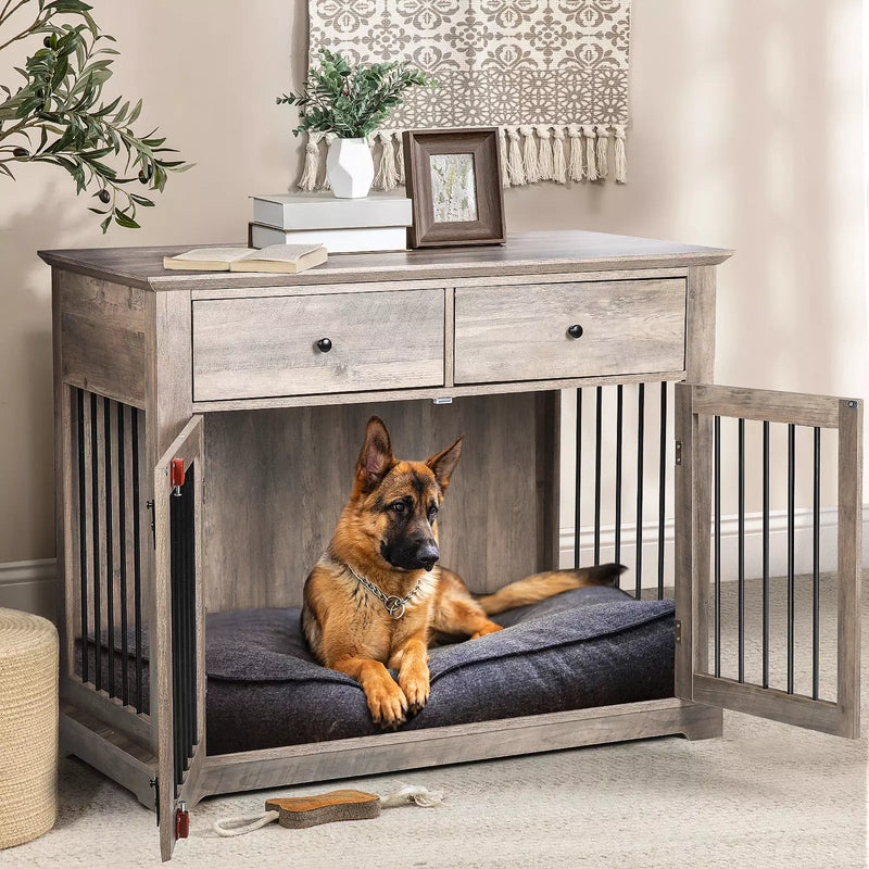 Waleaf 44 Inch Large Dog Crate Furniture, Wooden Dog Kennel End Table with Storage Drawers, Decorative Pet Cage Dog House Indoor for Dogs