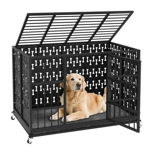 BOSSIN 48 inch Heavy Duty Indestructible Dog Crate,Chew Proof Prevent Escape ,High-anxiety Dog Kennel with Detachable Soft Cushion and Locking Wheels for Large Dogs