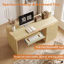 Waleaf 55" Computer Desk with Drawers & Storage Shelves, Modern Home Office Desk with Keyboard Tray, Sturdy Wood Study Writing Desk for Bedroom Living Room
