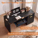Waleaf 55" Computer Desk with Drawers & Storage Shelves, Modern Home Office Desk with Keyboard Tray, Sturdy Wood Study Writing Desk for Bedroom Living Room