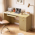 Waleaf 55" Computer Desk with Drawers & Storage Shelves, Modern Home Office Desk with Keyboard Tray, Sturdy Wood Study Writing Desk for Bedroom Living Room