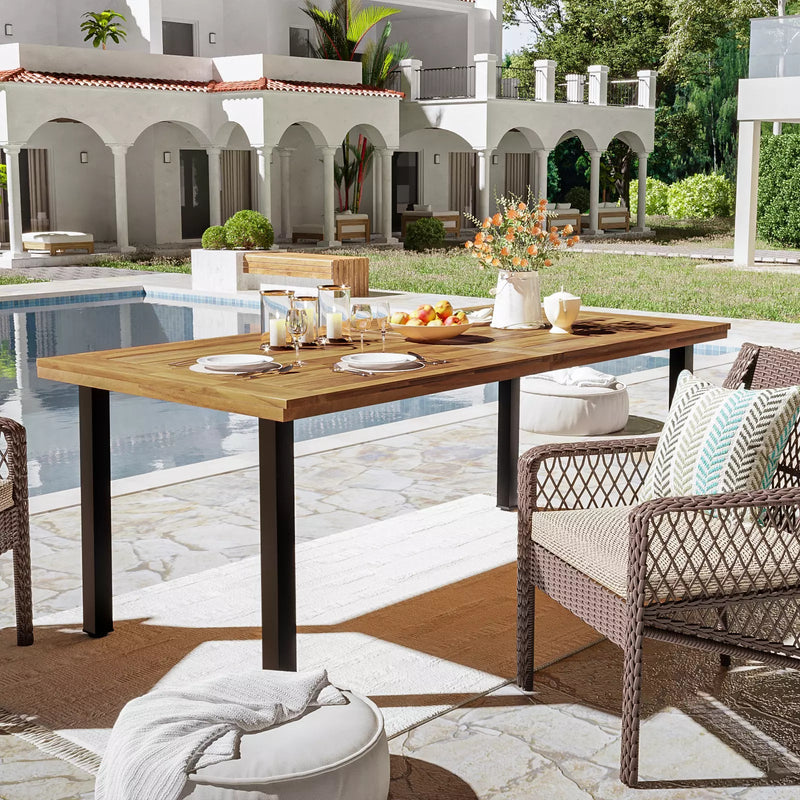 Waleaf 69" Acacia Wood Dining Table Set for 6-8 Person, Natural Stained Indoor Outdoor Kitchen Table with Iron Legs