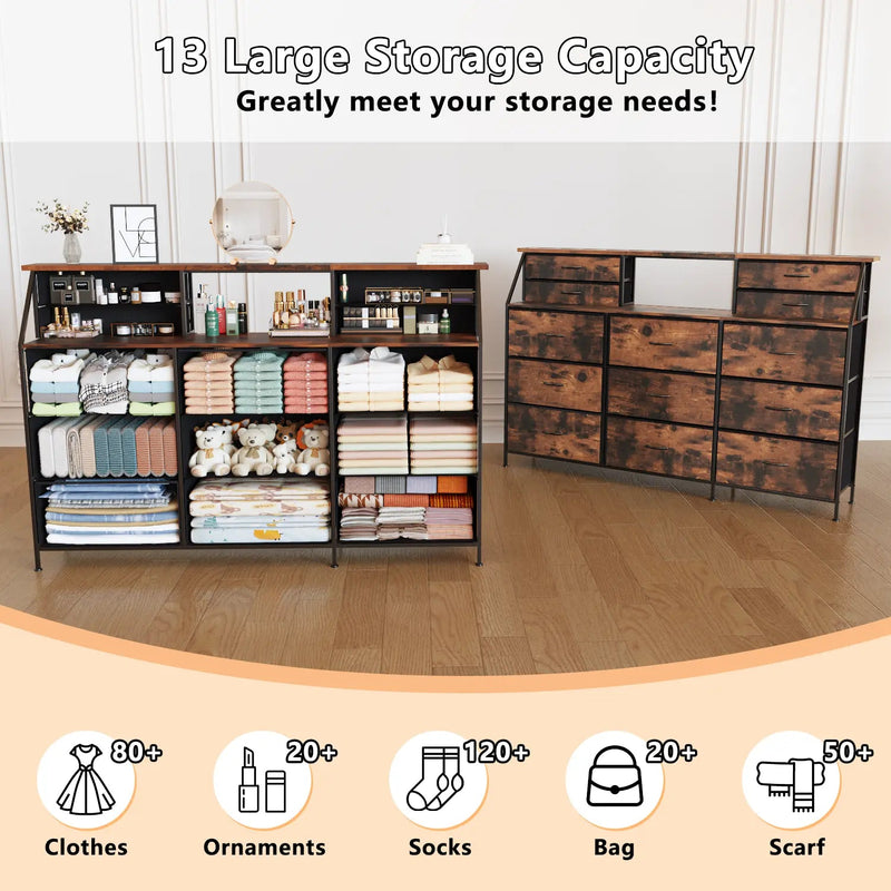 Waleaf 70" Bedroom Dresser with 13 Large Drawers, Long Dressers & Chests of Drawers for Closet