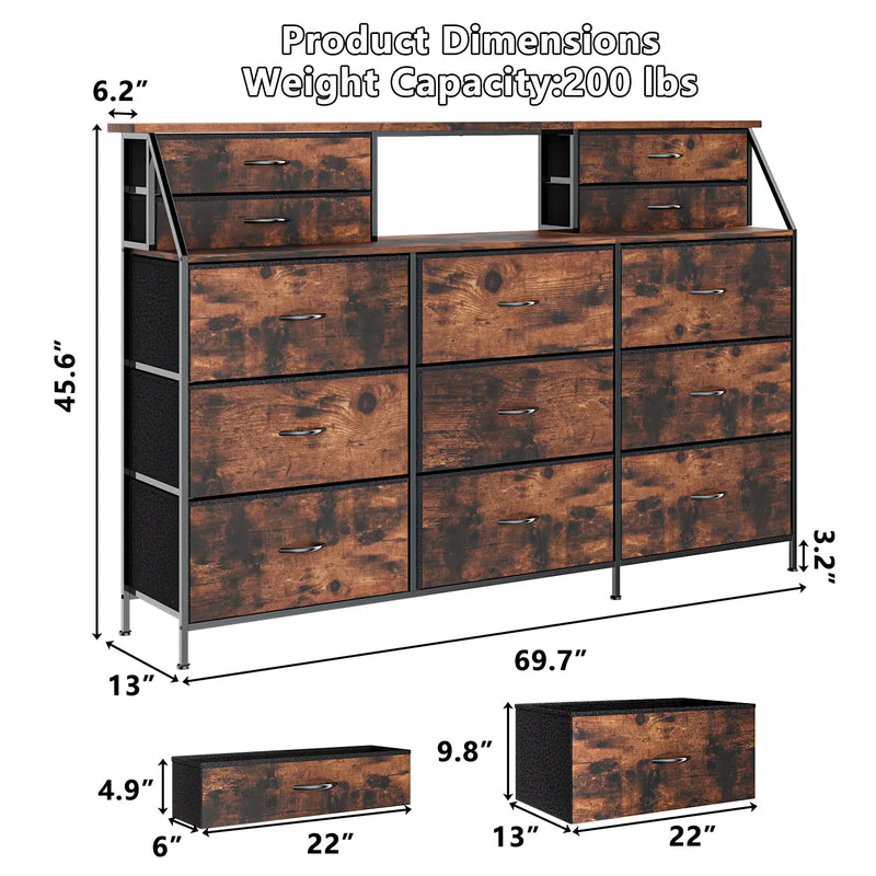 Waleaf 70" Bedroom Dresser with 13 Large Drawers, Long Dressers & Chests of Drawers for Closet