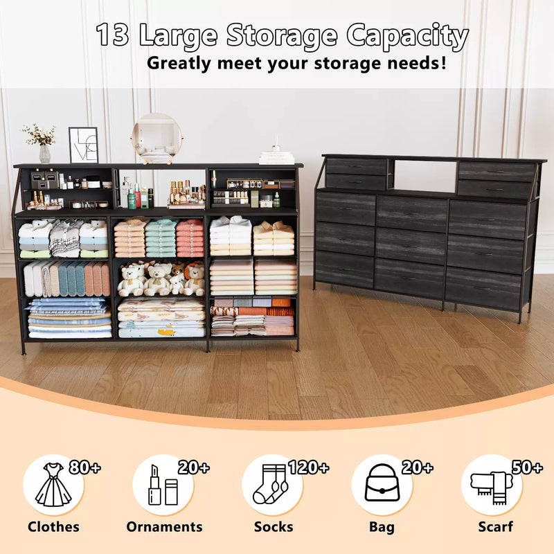 Waleaf 70" Bedroom Dresser with 13 Large Drawers, Long Dressers & Chests of Drawers for Closet