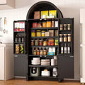 Waleaf 71" Arched Pantry Storage Cabinet with Door Racks, Modern Fluted Kitchen Hutch & Bathroom Organizer, Tall Cupboard with Adjustable Shelves for Dining or Coffee Bar, Natural Finish