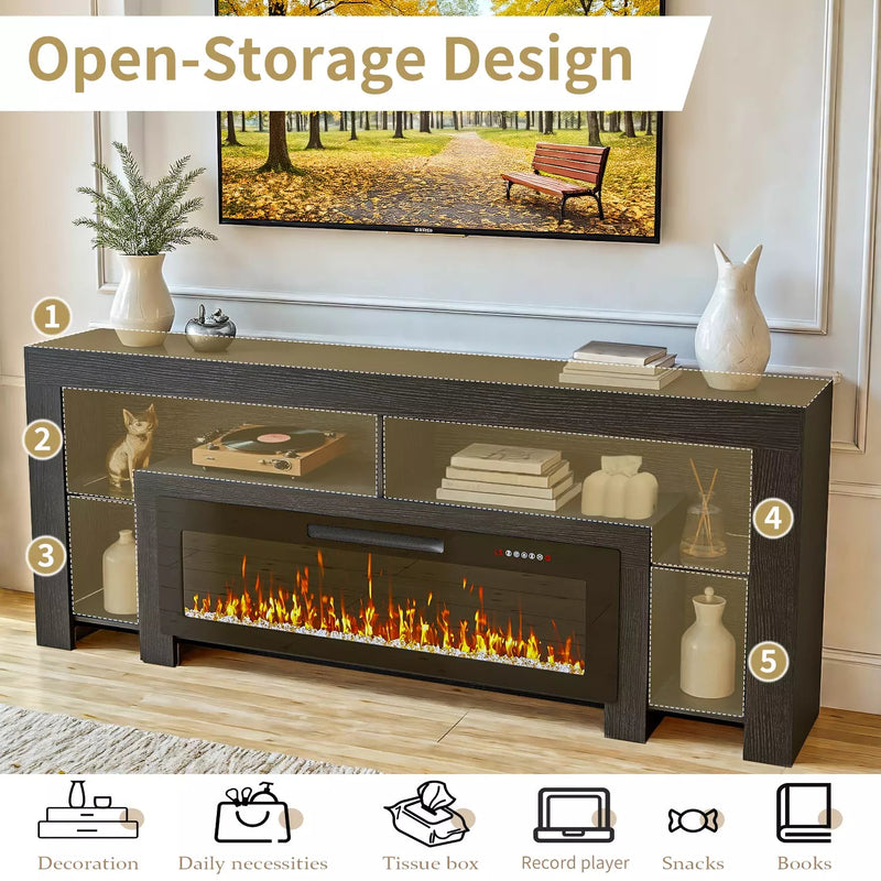 Waleaf 82" Modern Fireplace TV Stand with 50" Electric Fireplace Up to 90" TVs, Entertainment Center with 12 LED Color Flame and 20 Color LED Light