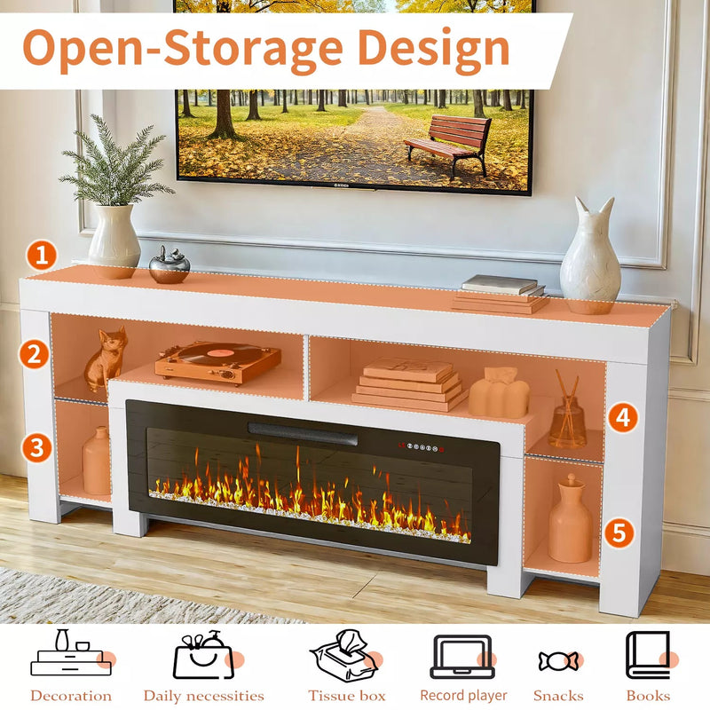 Waleaf 82" Modern Fireplace TV Stand with 50" Electric Fireplace Up to 90" TVs, Entertainment Center with 12 LED Color Flame and 20 Color LED Light