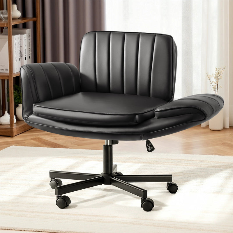 WALEAF Biege Criss Cross Chair with Armrests & Wheels,Foldable Armrest PU Leather Vanity Chair – Thickened Swivel Office Desk Chair for Home, Makeup Room & Bedroom