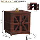 Waleaf End Table with Charging Station,Farmhouse Night Stand with Glass Barn Door,Large Sofa Side Table with Adjustable Storage Shelf for Living Room,Bedroom(1,Brown)