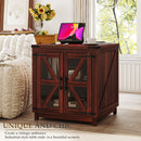 Waleaf End Table with Charging Station,Farmhouse Night Stand with Glass Barn Door,Large Sofa Side Table with Adjustable Storage Shelf for Living Room,Bedroom(1,Brown)