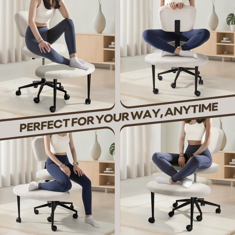 WALEAF Ergonomic Cross Legged Chair, 360° Swivel Height Adjustable Chair with Wheels for ADHD,Teddy Fabric and Lumbar Support