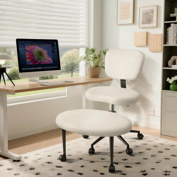 WALEAF Ergonomic Cross Legged Chair, 360° Swivel Height Adjustable Chair with Wheels for ADHD,Teddy Fabric and Lumbar Support