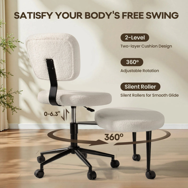 WALEAF Ergonomic Cross Legged Chair, 360° Swivel Height Adjustable Chair with Wheels for ADHD,Teddy Fabric and Lumbar Support