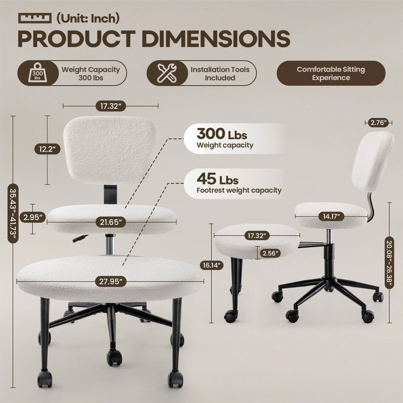 WALEAF Ergonomic Cross Legged Chair, 360° Swivel Height Adjustable Chair with Wheels for ADHD,Teddy Fabric and Lumbar Support