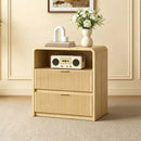 Waleaf Fluted Nightstand with Charging Station, Modern Curved Bedside Table with 2 Drawers and Open Shelf for Bedroom Living Room