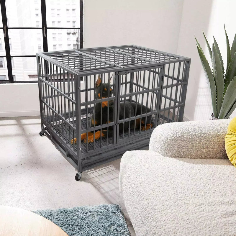 LEMBERI Heavy Duty Metal Dog Cage Dog Crate on Wheels DC01