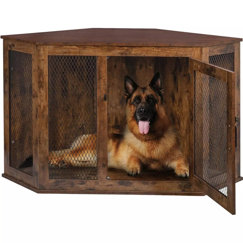 OFIKA Corner Dog Crate Furniture with Metal Mesh DH02