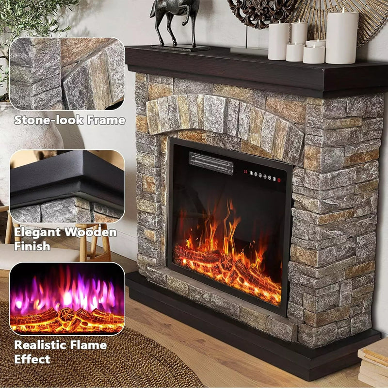 PUKAMI 36 inch Freestanding Stone Fireplace Heater TV Stand with Remot