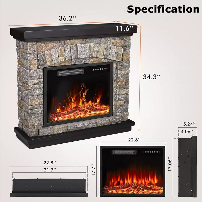 PUKAMI 36 inch Freestanding Stone Fireplace Heater TV Stand with Remote Control