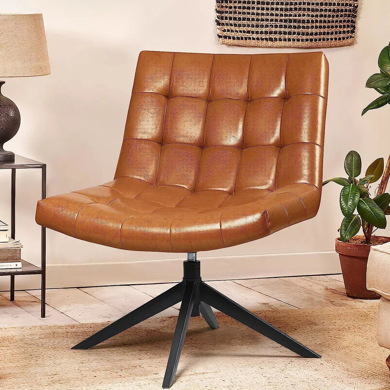 PUKAMI Mid Century Modern Accent Chair,Faux Leather Swivel Desk Chair No Wheels