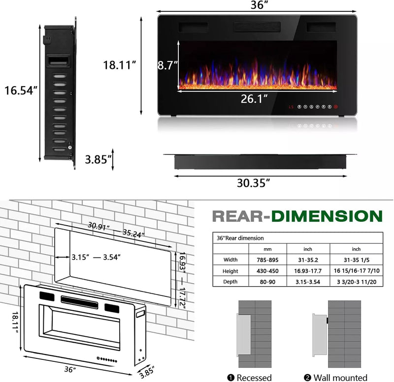 Vitesse 36 inch Wall Mounted & Recessed Electric Fireplace VFP02, 750W-1500W Vitesse Home