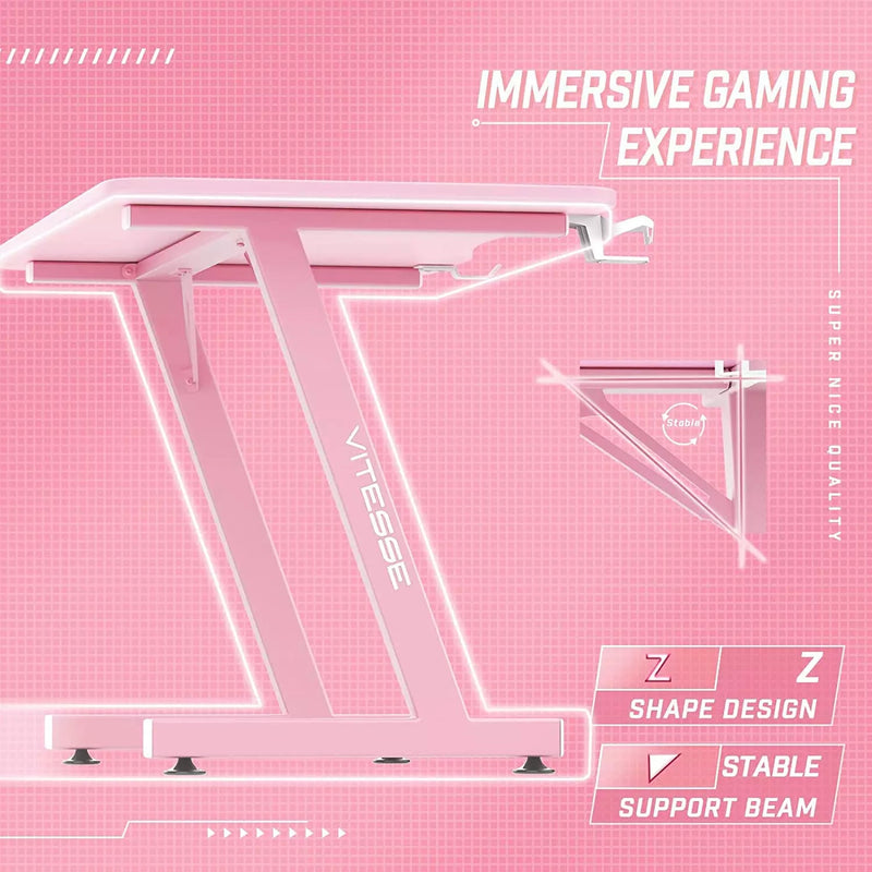 VITESSE 40" Z-Shaped Pink Gaming Desk, Cute Kawaii Gaming Table for Girls ZD02 Vitesse Home