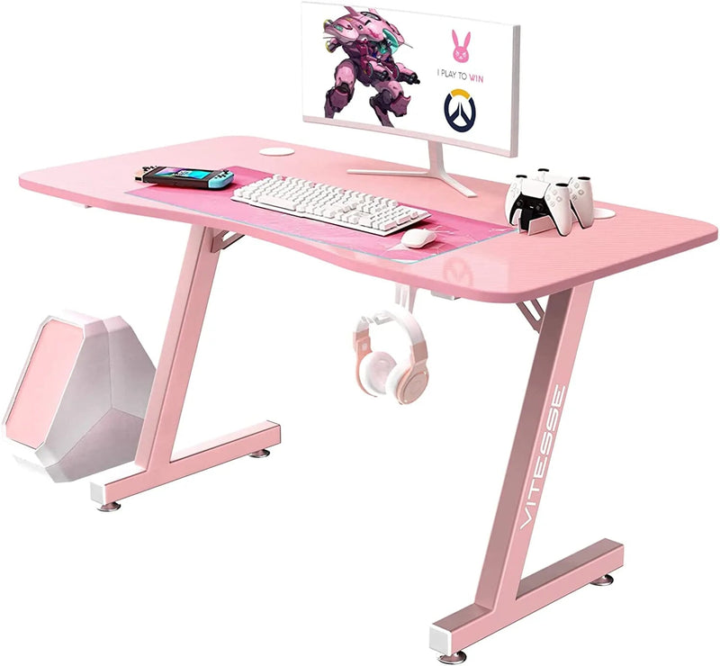 VITESSE 40" Z-Shaped Pink Gaming Desk, Cute Kawaii Gaming Table for Girls ZD02