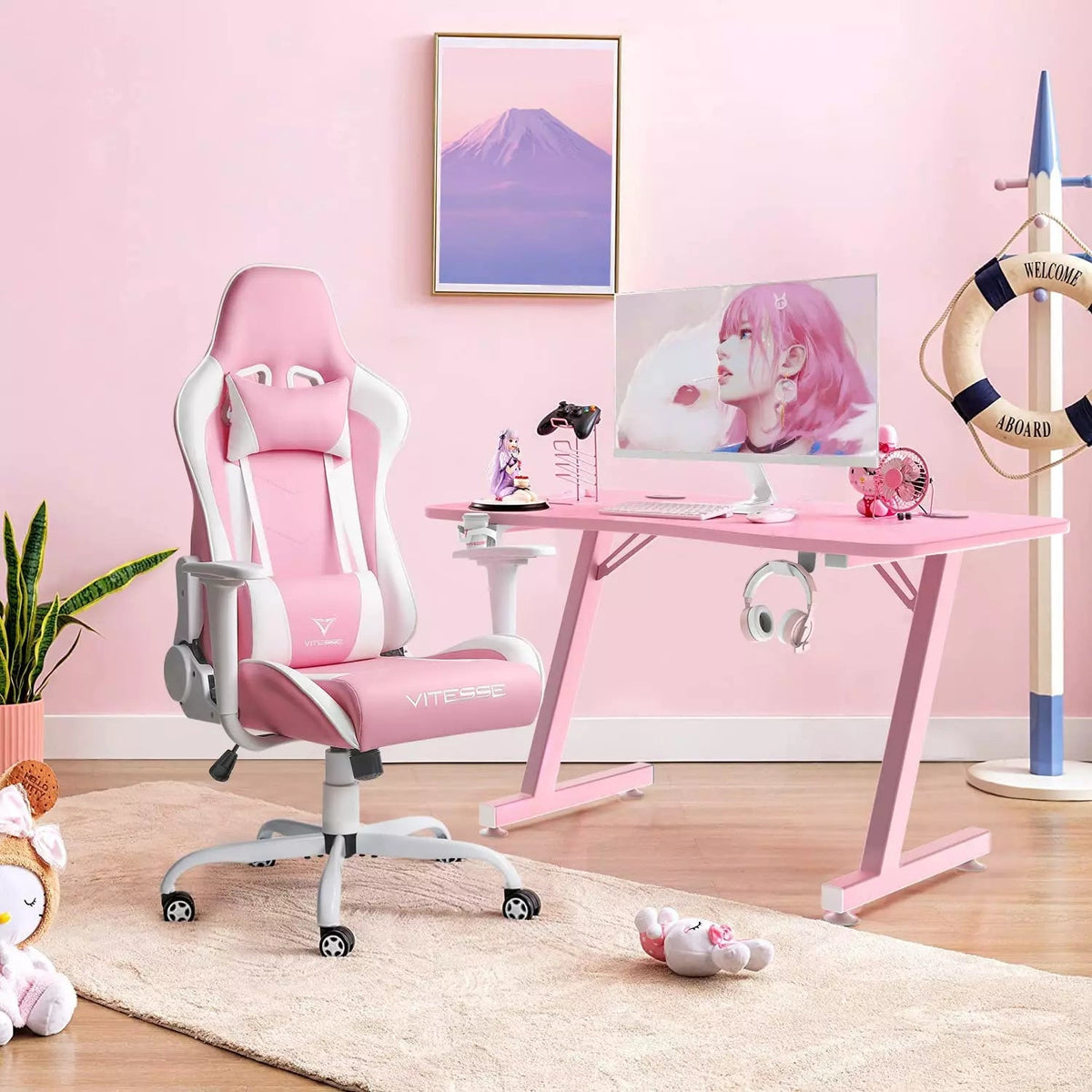 VITESSE 40 inch Pink Z-Shaped Gaming Desk, Cute Gaming Table for Girls