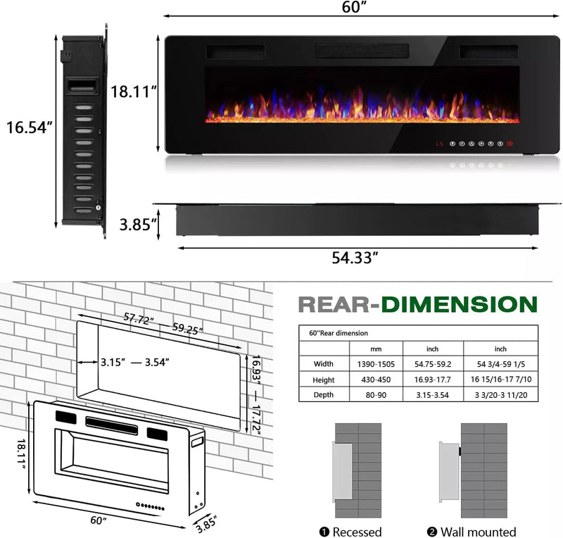 Vitesse 60 inch Wall Mounted & Recessed Electric Fireplace VFP05, 750W-1500W Vitesse Home