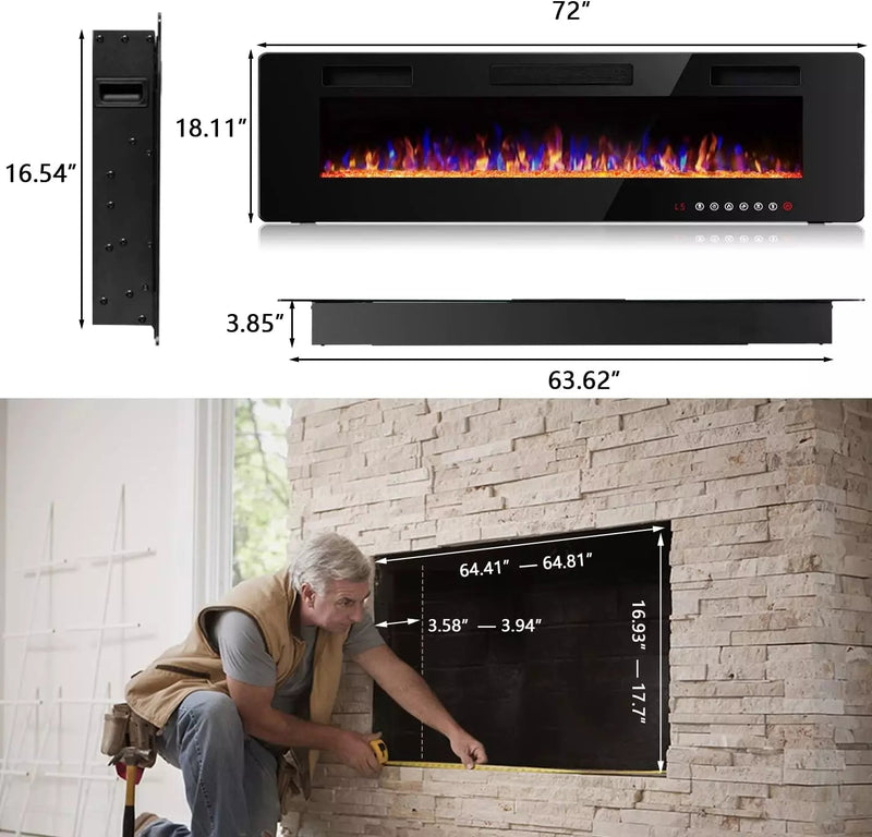 Vitesse 72 inch Wall Mounted & Recessed Electric Fireplace VFP06, 750W-1500W Vitesse Home