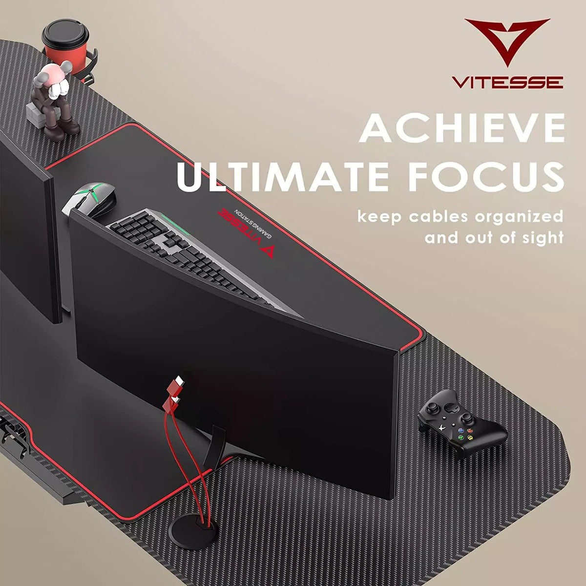 Vitesse Ergonomic Z-Shaped Gaming Desk with Mousepad and Handle Rack