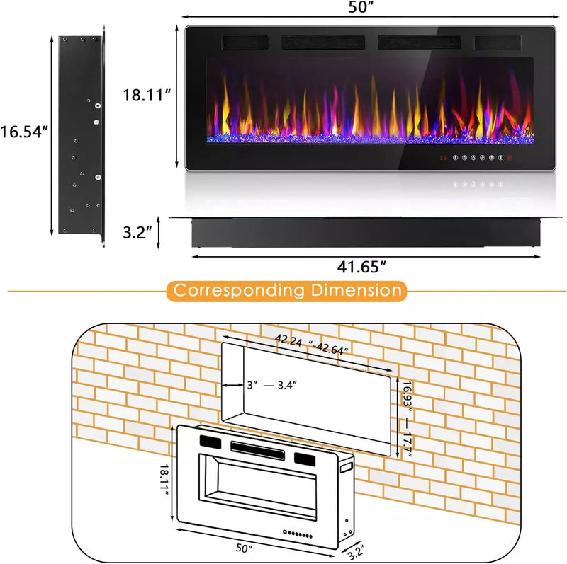 Vitesse Ultra-Thin Electric Fireplace Recessed and Wall Mounted