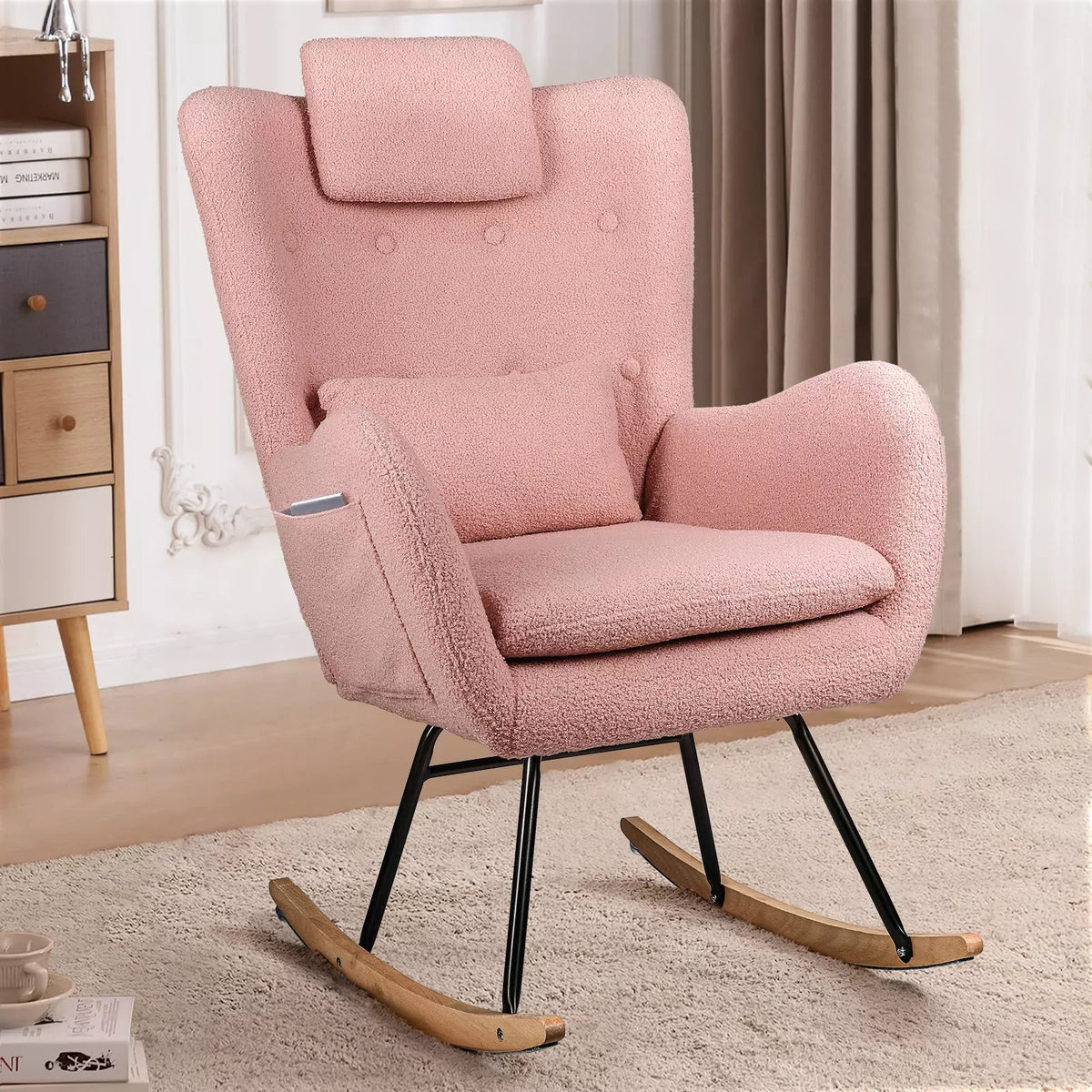 Vitesse Rocking Chair Nursery Rocker Teddy Upholstered Rocking Chair Indoor Pink by VitesseHome